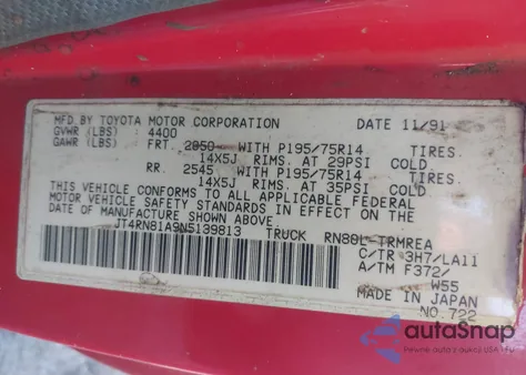 1992 Toyota Pickup 1/2 Ton Short Wheelbase from USA, damaged, VIN JT4RN81A9N5139813